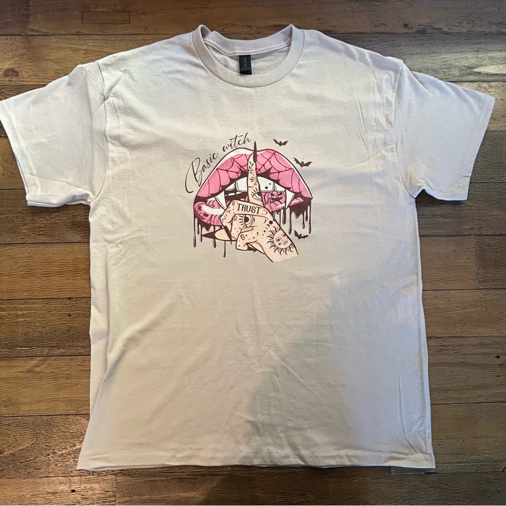 Basic Witch Halloween Graphic Heavy Cotton Tan Pink  T-Shirt Grunge Tattoo